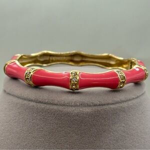 Fornash Coral Enamel Bamboo Style Hinged Bracelet Rhinestone Accent Statement